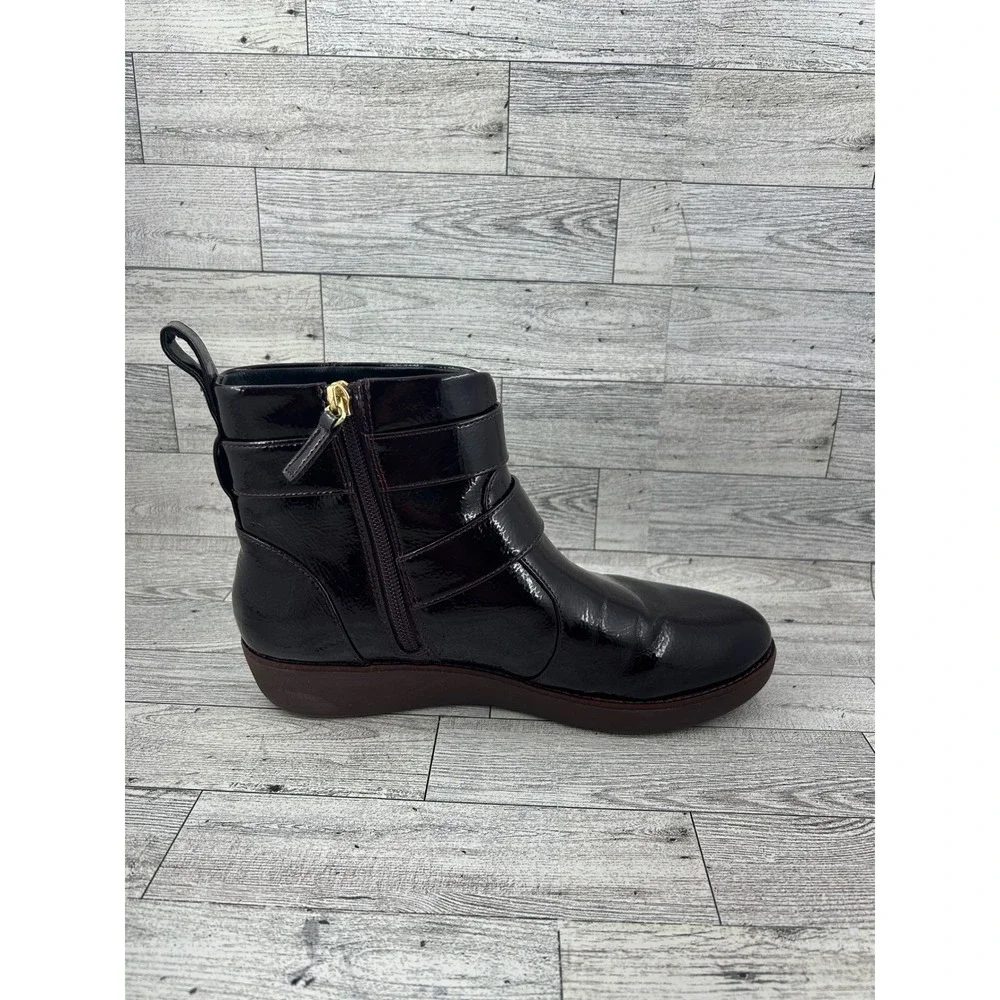 Fitflop Supercomff Comfort Ankle Boots Size US 7.5‎ Gold Buckle Brown Patent